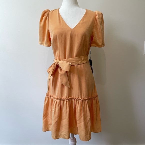 Karl Lagerfeld Aero Charm Belted Flounce Dress in Apricit Size 7 NWT - Picture 2 of 11